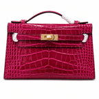 Kelly Pochette Fuchsia Shiny Niloticus Crocodile Leather Gold Hardware Women Clutch Bag