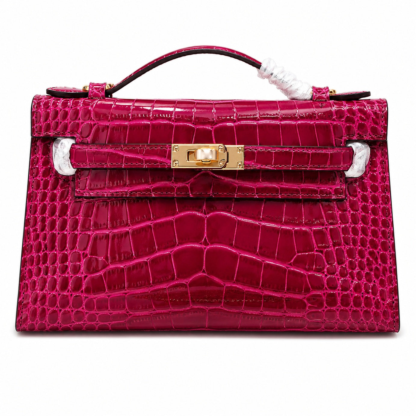 Kelly Pochette Fuchsia Shiny Niloticus Crocodile Leather Gold Hardware Women Clutch Bag