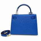 Kelly Sellier 25cm Bleu Electrique Ostrich Gold Hardware Premium Crossbody Purse