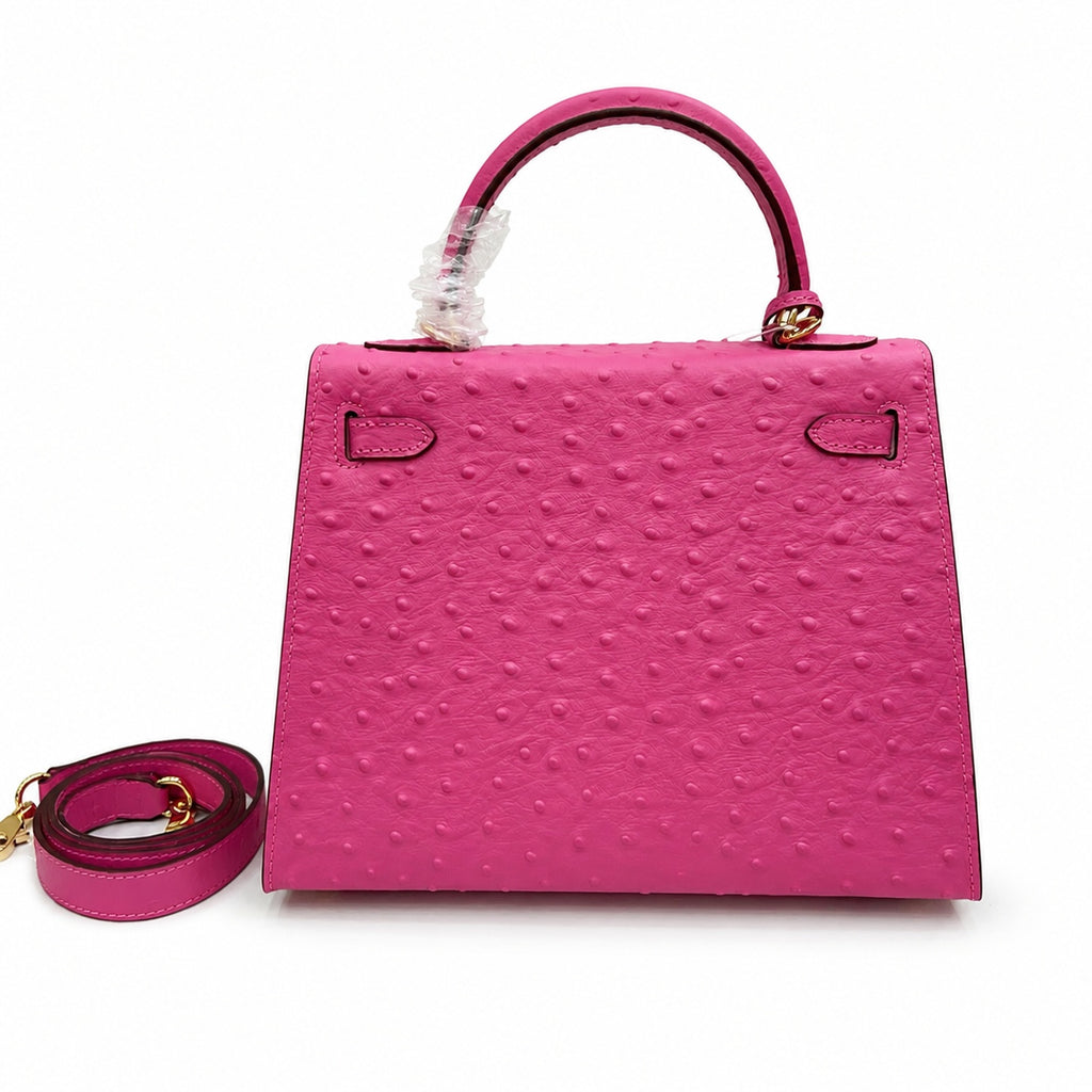 Kelly Sellier 25cm Rose Tyrien Ostrich Gold Hardware Designer Crossbody Tote