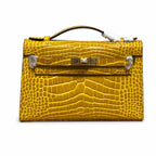 Kelly Pochette Jaune Ambre Shiny Niloticus Crocodile Leather Palladium Hardware Women Clutch Bag