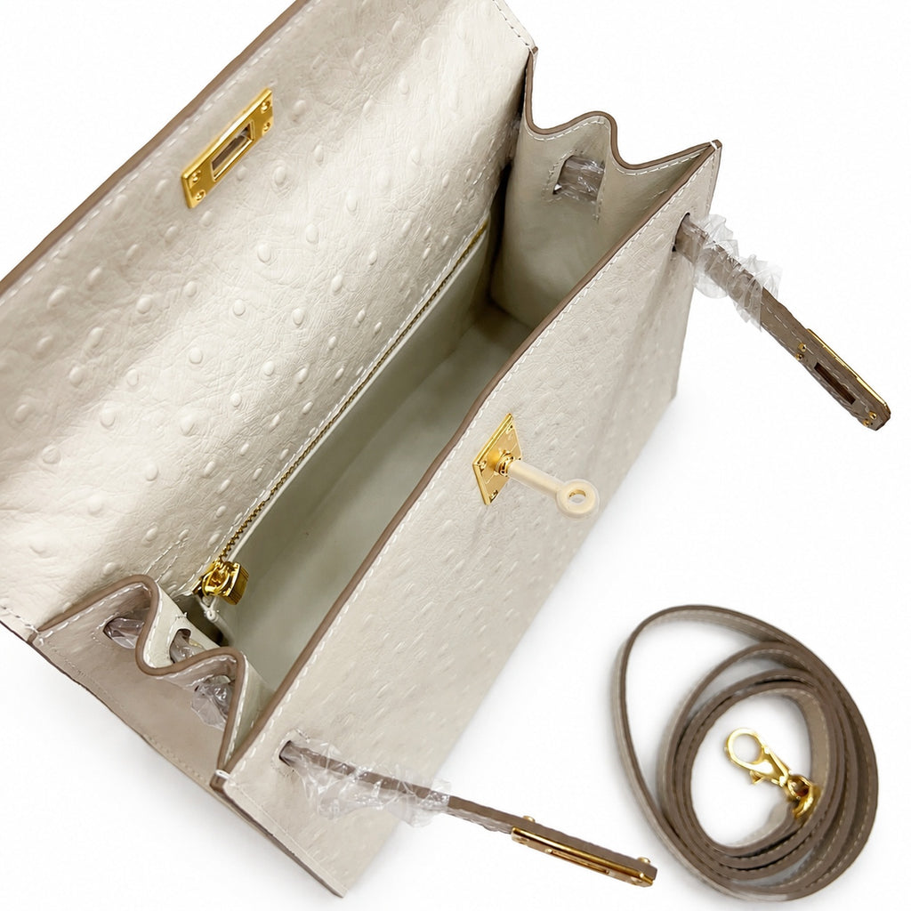 Kelly Sellier 25cm Craie Ostrich Gold Hardware Premium Women Shoulder Purse