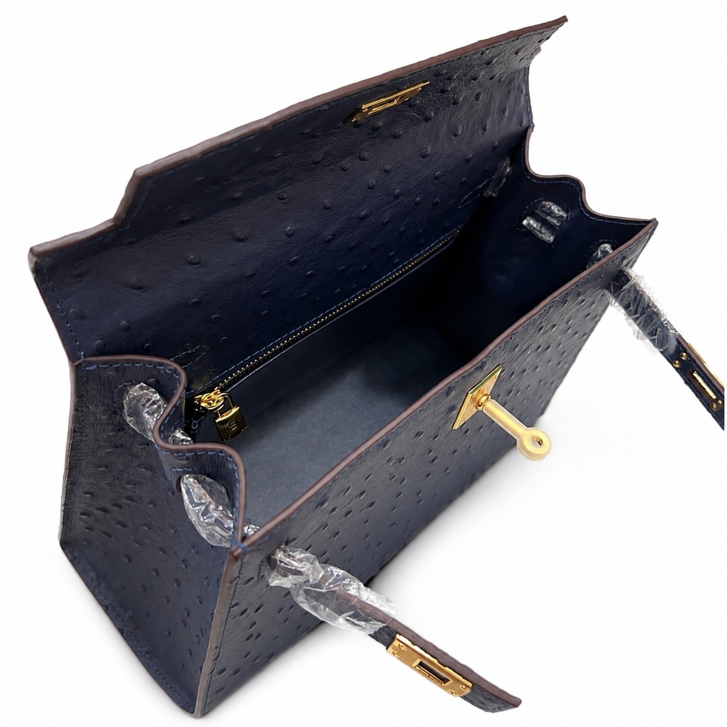 elly Sellier 25cm Bleu Nuit Ostrich Gold Hardware Luxury Commute Handbag