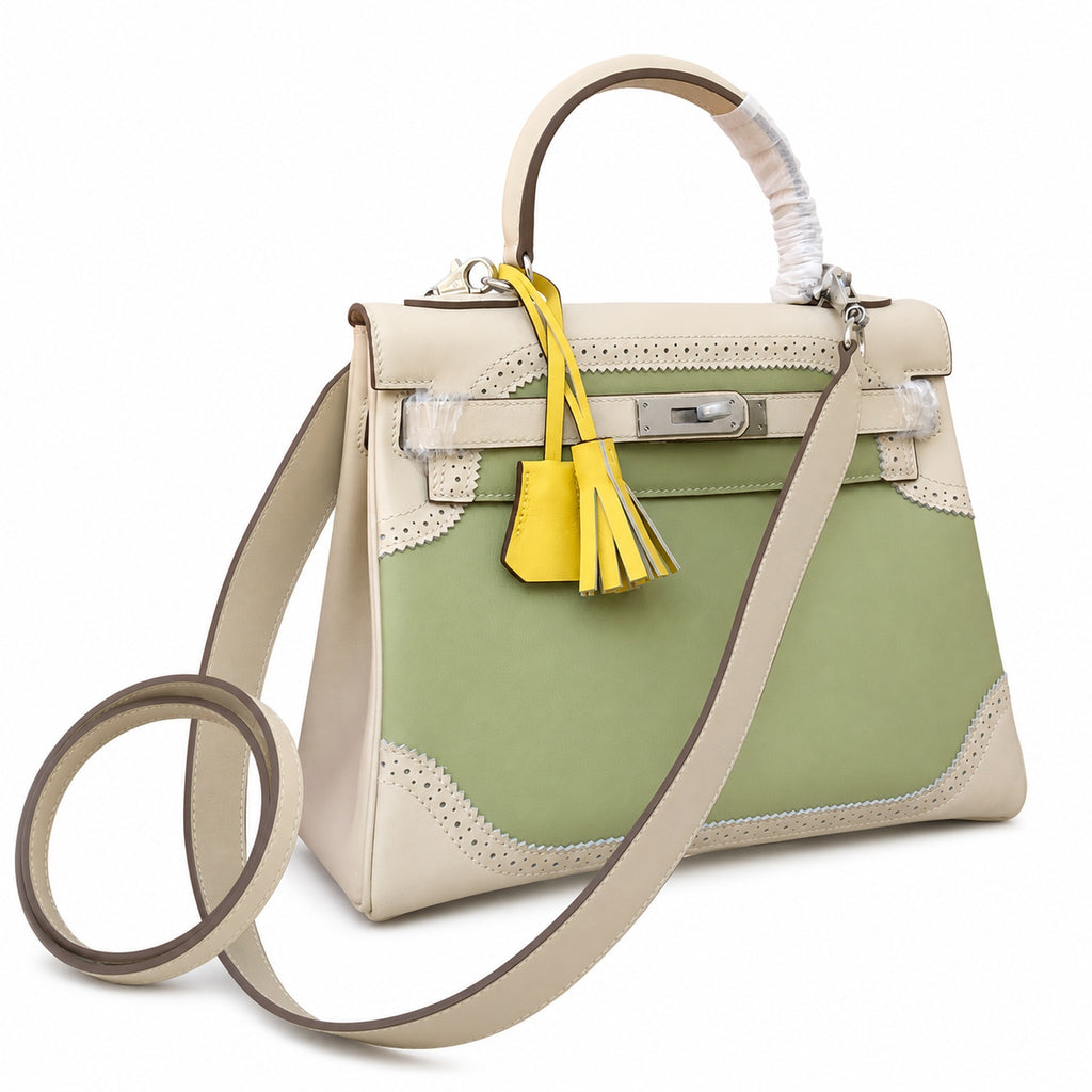 Kelly Sellier Ghillies 28cm Craie & Vert Pomme Barenia Leather Palladium Hardware Women Handbag
