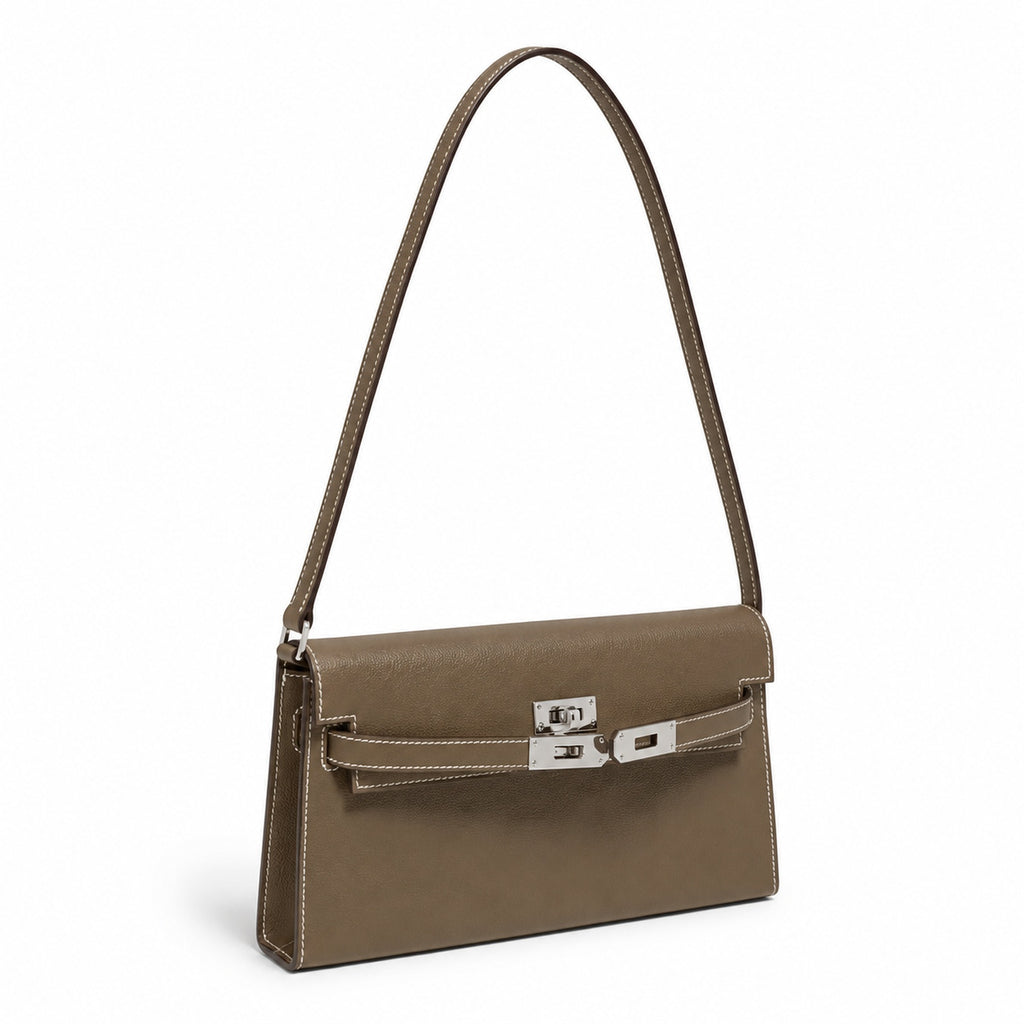 Kelly Elan 25 Underarm Baguette Bag, Genuine Top Layer Cowhide Goat Grain Leather, Silver Hardware Khaki Shoulder Handbag, Timeless Neutral Must-have Bag Elegant Versatile Daily Purse Size 25×6.5×15cm