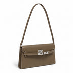 Kelly Elan 25 Underarm Baguette Bag, Genuine Top Layer Cowhide Goat Grain Leather, Silver Hardware Khaki Shoulder Handbag, Timeless Neutral Must-have Bag Elegant Versatile Daily Purse Size 25×6.5×15cm