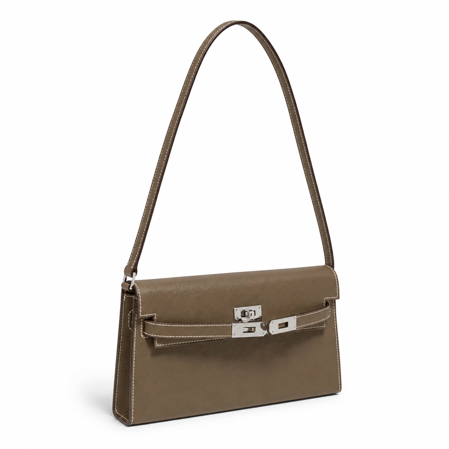 Kelly Elan 25 Underarm Baguette Bag, Genuine Top Layer Cowhide Goat Grain Leather, Silver Hardware Khaki Shoulder Handbag, Timeless Neutral Must-have Bag Elegant Versatile Daily Purse Size 25×6.5×15cm