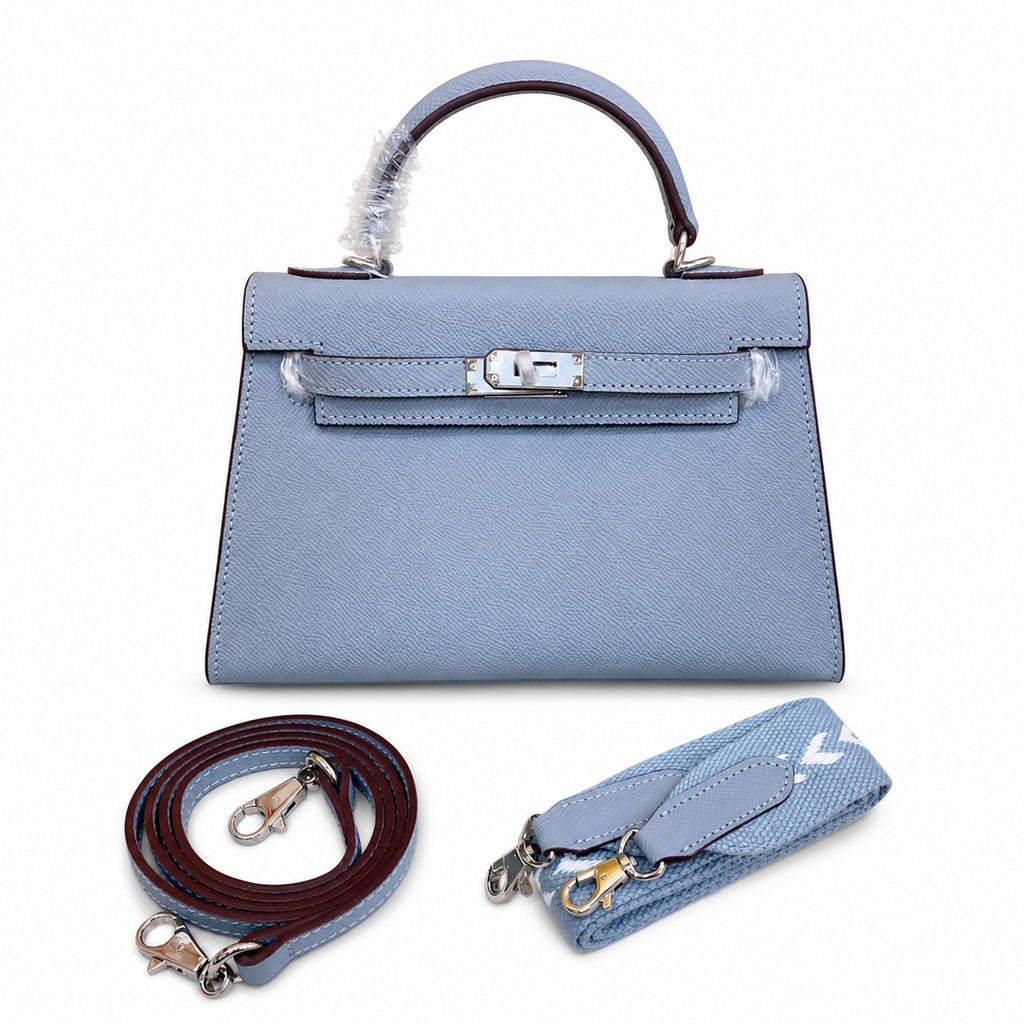 Mini Kelly II Sellier 19cm & 22cm Bleu Lin Epsom Leather Palladium Hardware Women Mini Handbag