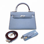 Mini Kelly II Sellier 19cm & 22cm Bleu Lin Epsom Leather Palladium Hardware Women Mini Handbag
