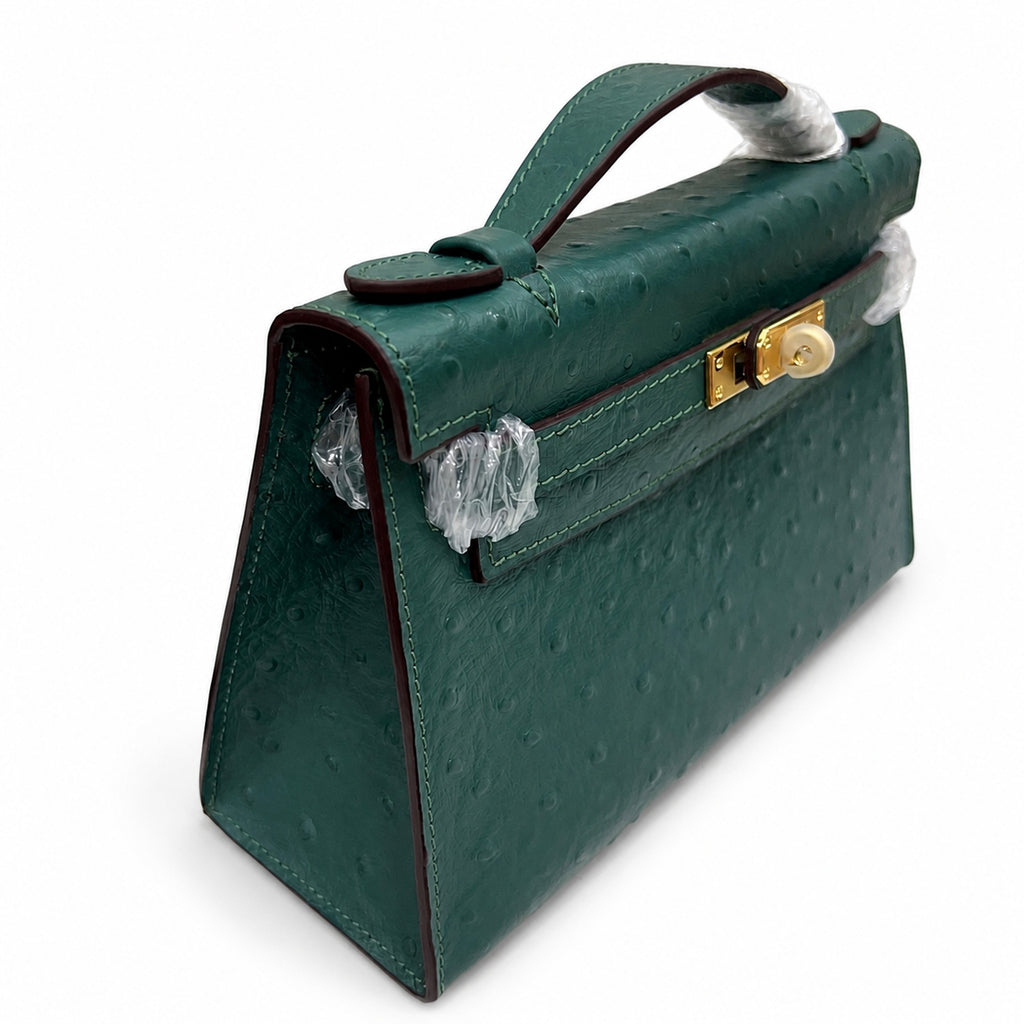 Mini Kelly II Sellier 19cm & 22cm Vert Fonce Ostrich Leather Gold Hardware Women Mini Handbag