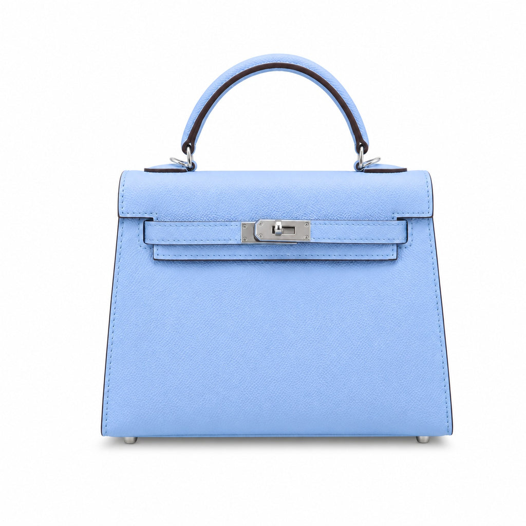 Mini Kelly II Sellier 19cm & 22cm Bleu Brume Epsom Leather Palladium Hardware Women Mini Handbag