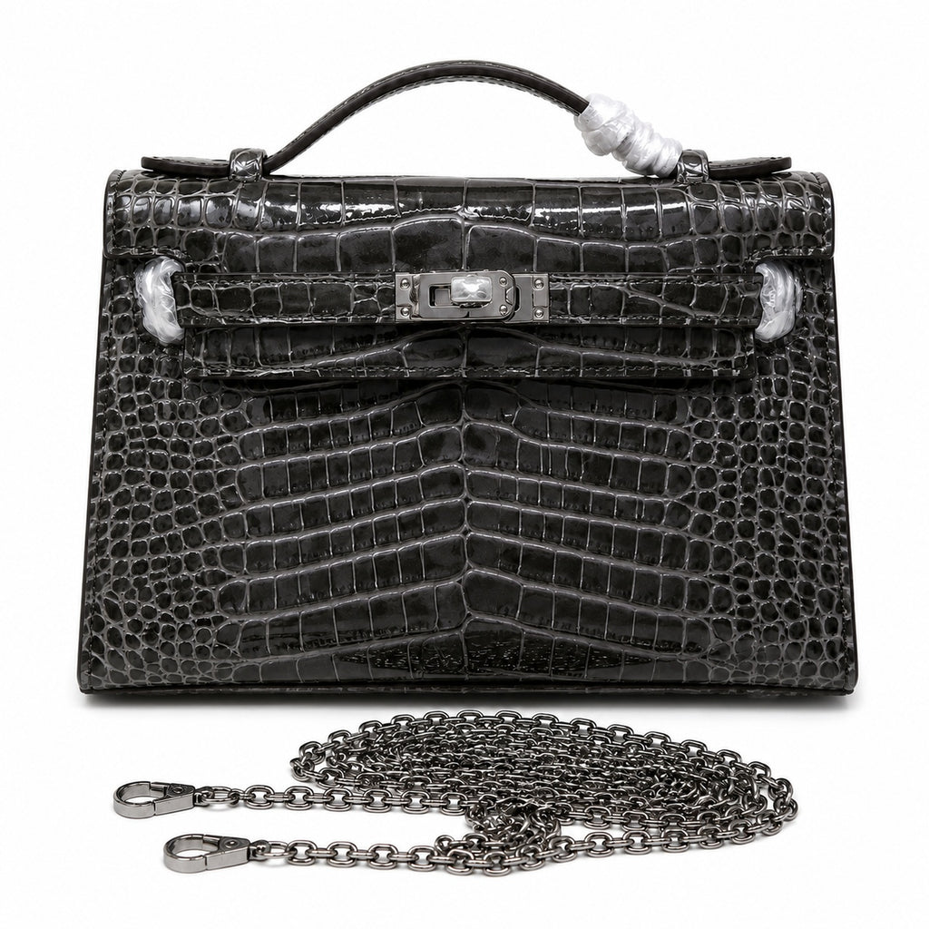 Kelly Pochette Gris Elephant Shiny Niloticus Crocodile Leather Palladium Hardware & Palladium Hardware Women Clutch Bag