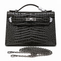 Kelly Pochette Gris Elephant Shiny Niloticus Crocodile Leather Palladium Hardware & Palladium Hardware Women Clutch Bag