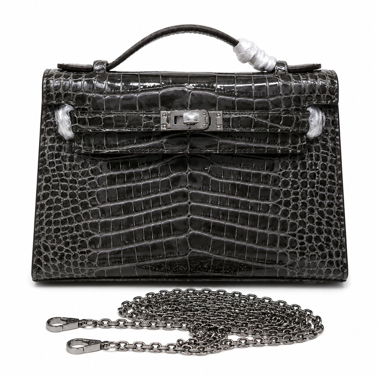 Kelly Pochette Gris Elephant Shiny Niloticus Crocodile Leather Palladium Hardware & Palladium Hardware Women Clutch Bag