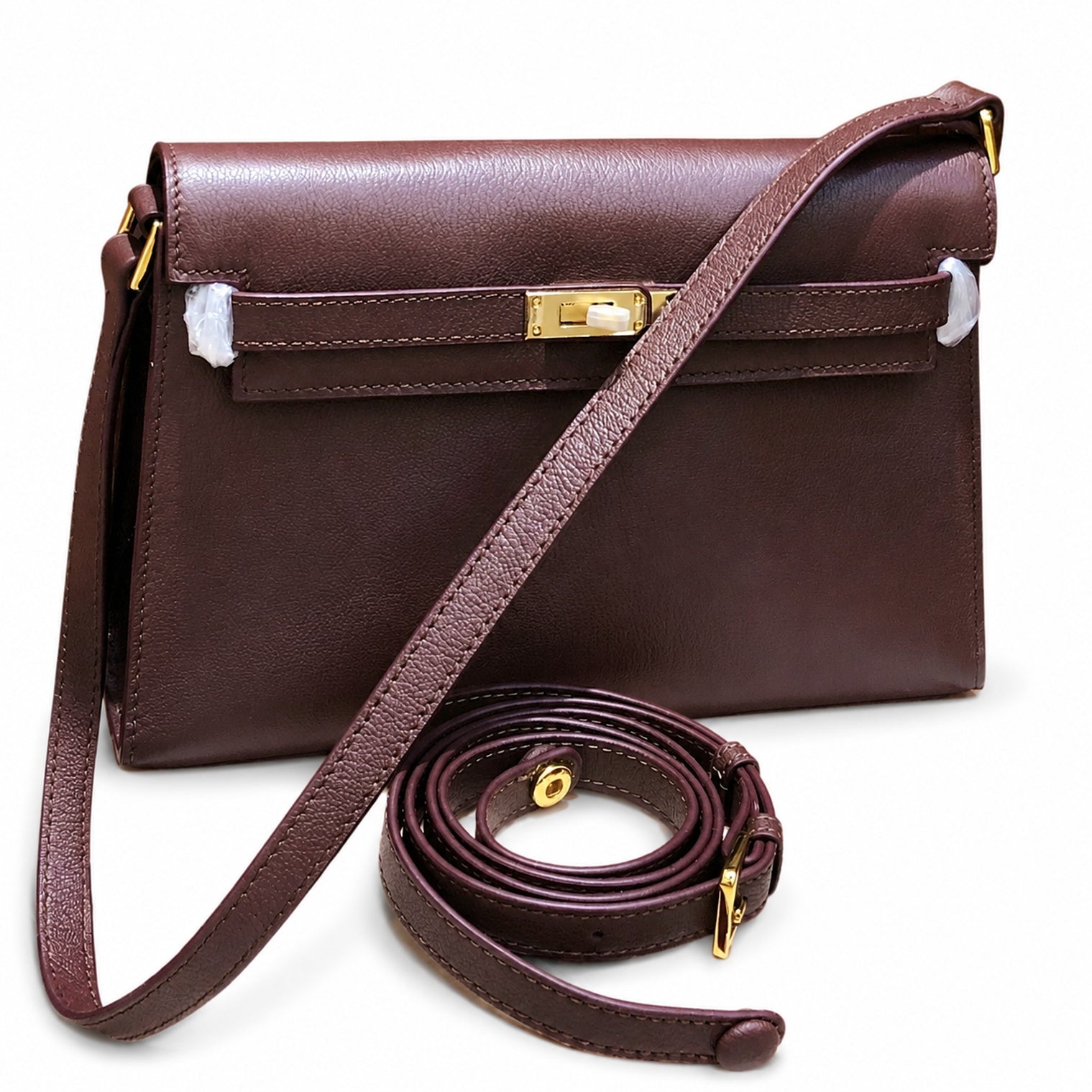 Kelly Elan 25 Underarm Baguette Bag, Genuine Top Layer Cowhide Goat Grain Leather, Gold Hardware Havane Brown Shoulder Purse, Low-key Old Money Vintage Style Daily Handbag Size 25×6.5×15cm