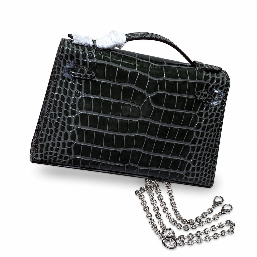 Kelly Pochette Gris Elephant Shiny Niloticus Crocodile Leather Palladium Hardware & Palladium Hardware Women Clutch Bag
