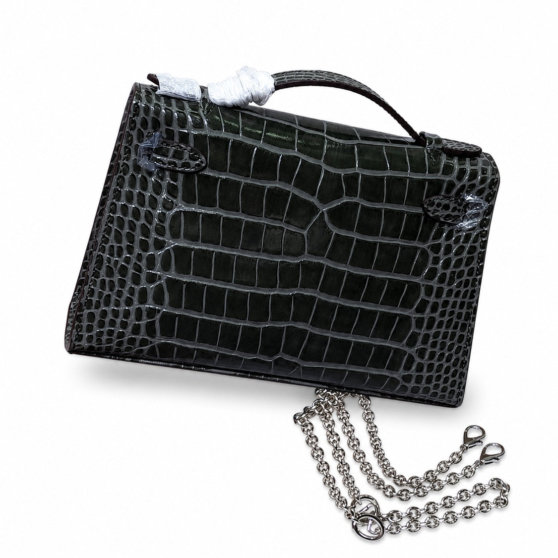 Kelly Pochette Gris Elephant Shiny Niloticus Crocodile Leather Palladium Hardware & Palladium Hardware Women Clutch Bag