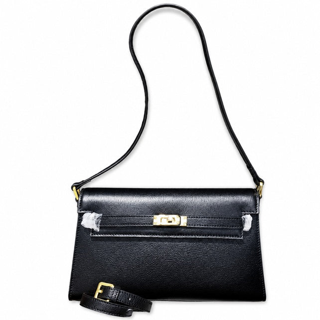 Kelly Elan 25 Underarm Baguette Bag, Genuine Top Layer Cowhide with Glossy Goat Grain, Gold Hardware Black Shoulder Handbag, Spacious Capacity Casual Versatile Daily Purse Size 25×6.5×15cm
