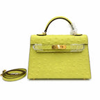 Mini Kelly II 19cm Sellier Jaune Poussin Ostrich Gold Hardware Luxury Mini Handbag