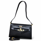 Kelly Elan 25 Underarm Baguette Bag, Genuine Top Layer Cowhide with Glossy Goat Grain, Gold Hardware Black Shoulder Handbag, Spacious Capacity Casual Versatile Daily Purse Size 25×6.5×15cm