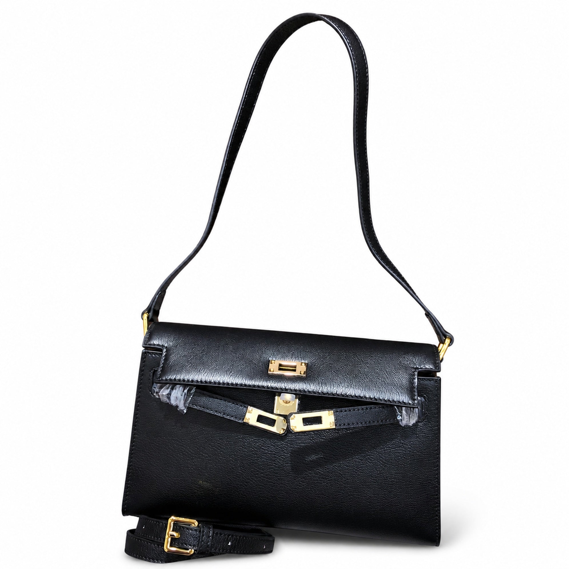 Kelly Elan 25 Underarm Baguette Bag, Genuine Top Layer Cowhide with Glossy Goat Grain, Gold Hardware Black Shoulder Handbag, Spacious Capacity Casual Versatile Daily Purse Size 25×6.5×15cm