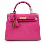 Kelly Sellier 25cm Rose Tyrien Ostrich Gold Hardware Designer Crossbody Tote
