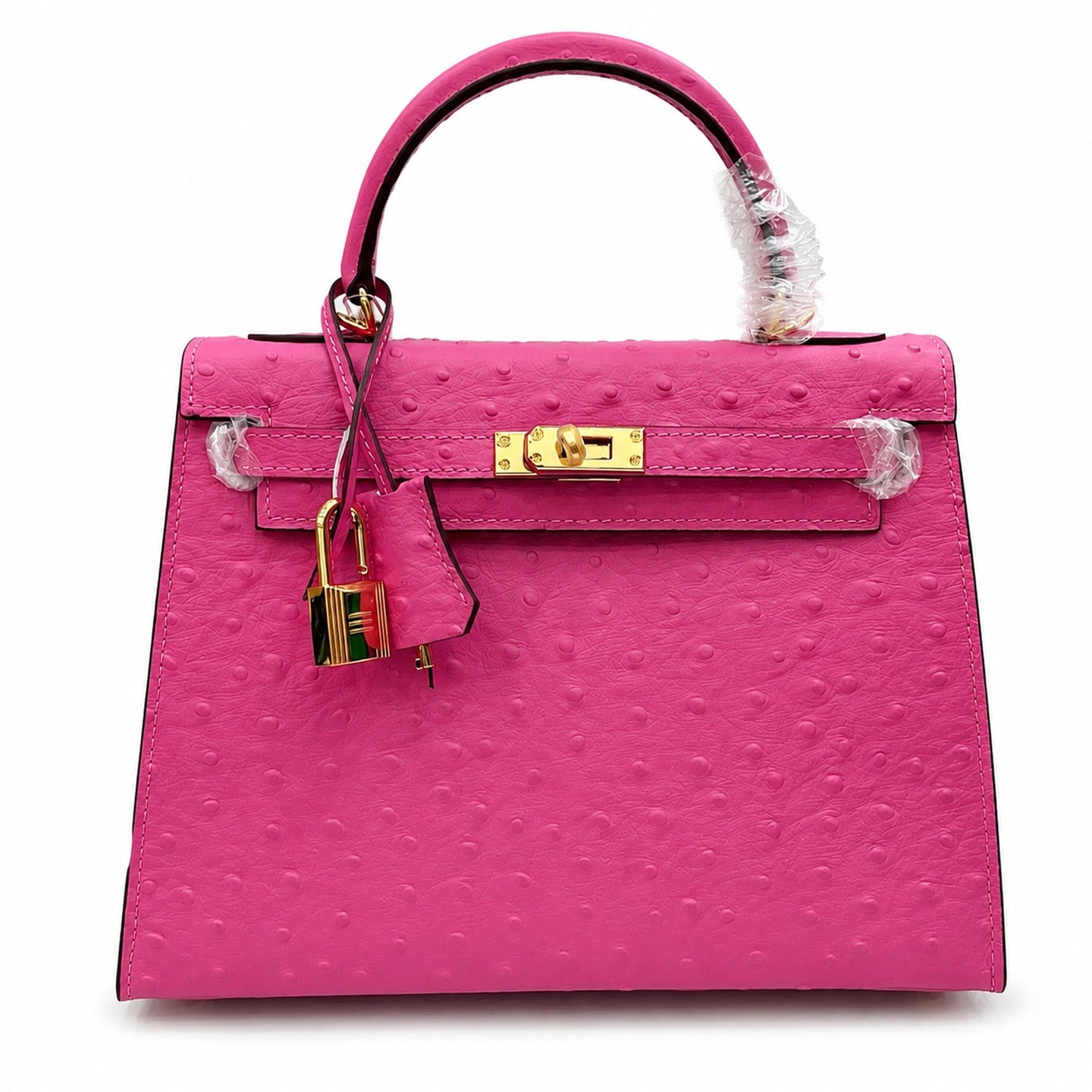 Kelly Sellier 25cm Rose Tyrien Ostrich Gold Hardware Designer Crossbody Tote