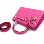 Kelly Sellier 25cm Rose Tyrien Ostrich Gold Hardware Designer Crossbody Tote