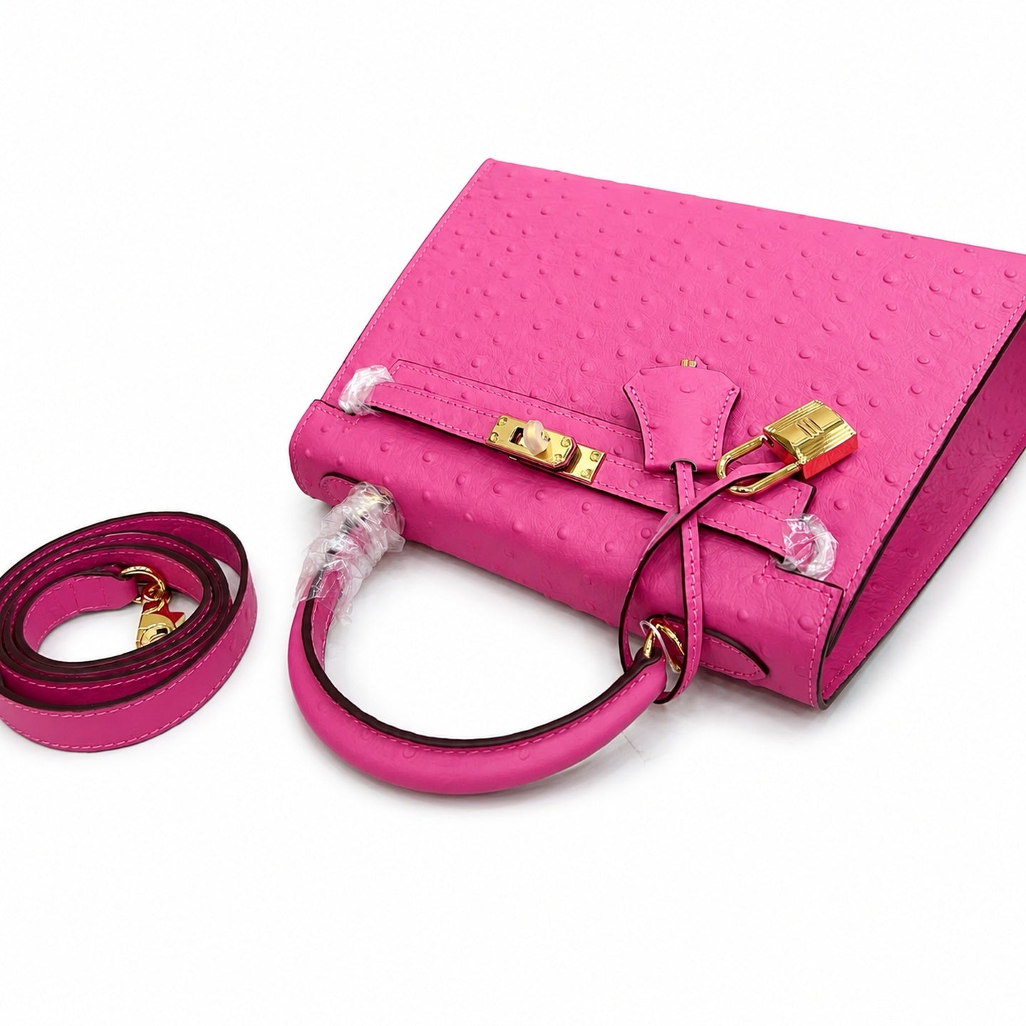 Kelly Sellier 25cm Rose Tyrien Ostrich Gold Hardware Designer Crossbody Tote