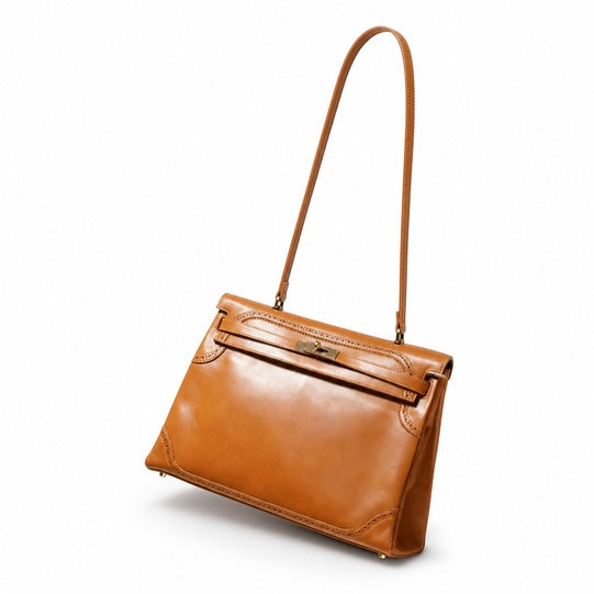 Kelly Sellier Ghillies 28cm Natural Sable Barenia Leather Gold Hardware Women Handbag