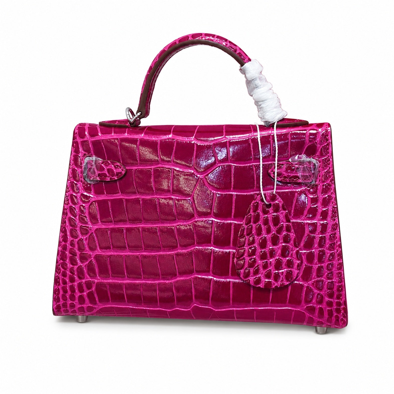 Kelly Sellier 19cm Fuchsia Shiny Crocodile Leather Gold Hardware & Palladium Hardware Women Handbag