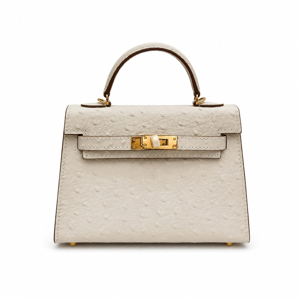 Mini Kelly II 19cm Sellier Craie Ostrich Gold Hardware Premium Women Daily Handbag