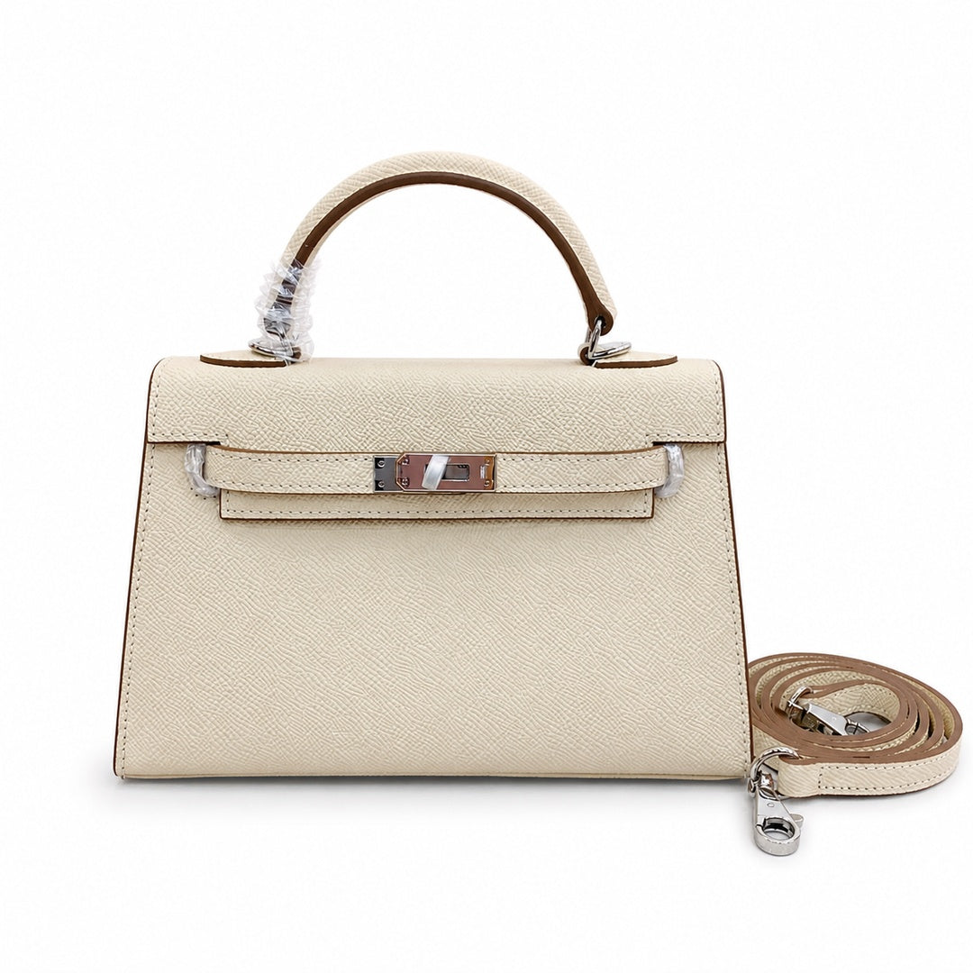 Mini Kelly II Sellier 19cm & 22cm Craie Epsom Leather Palladium Hardware Women Mini Handba