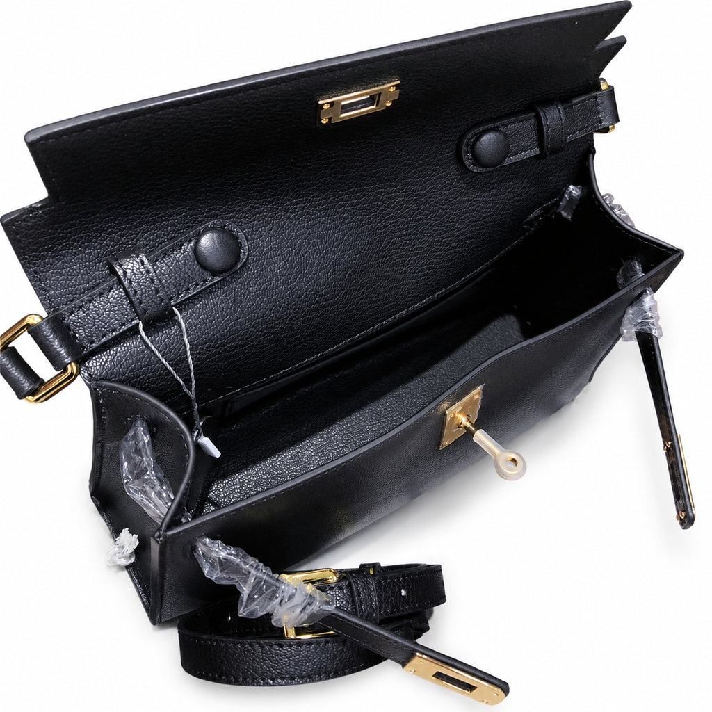 Kelly Elan 25 Underarm Baguette Bag, Genuine Top Layer Cowhide with Glossy Goat Grain, Gold Hardware Black Shoulder Handbag, Spacious Capacity Casual Versatile Daily Purse Size 25×6.5×15cm