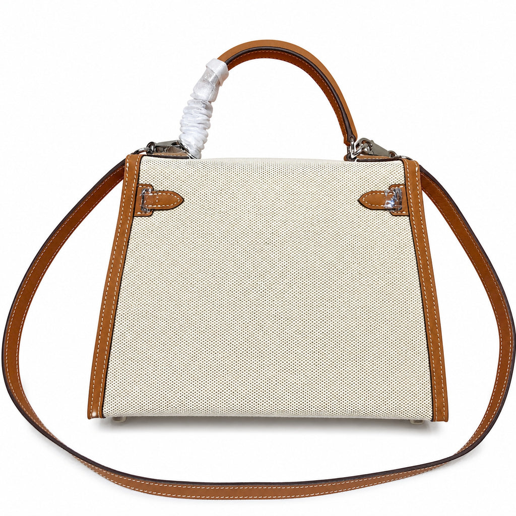 Kelly 25 Bag With Outside Stitching Constructed Of Patchwork Canvas & Premium Soft Swift Leather, Rich Warm Brown Tone Delivers Full-Bodied Vintage Luxury Texture Dimensions: Length 25 * Width 10 * Height 18cm