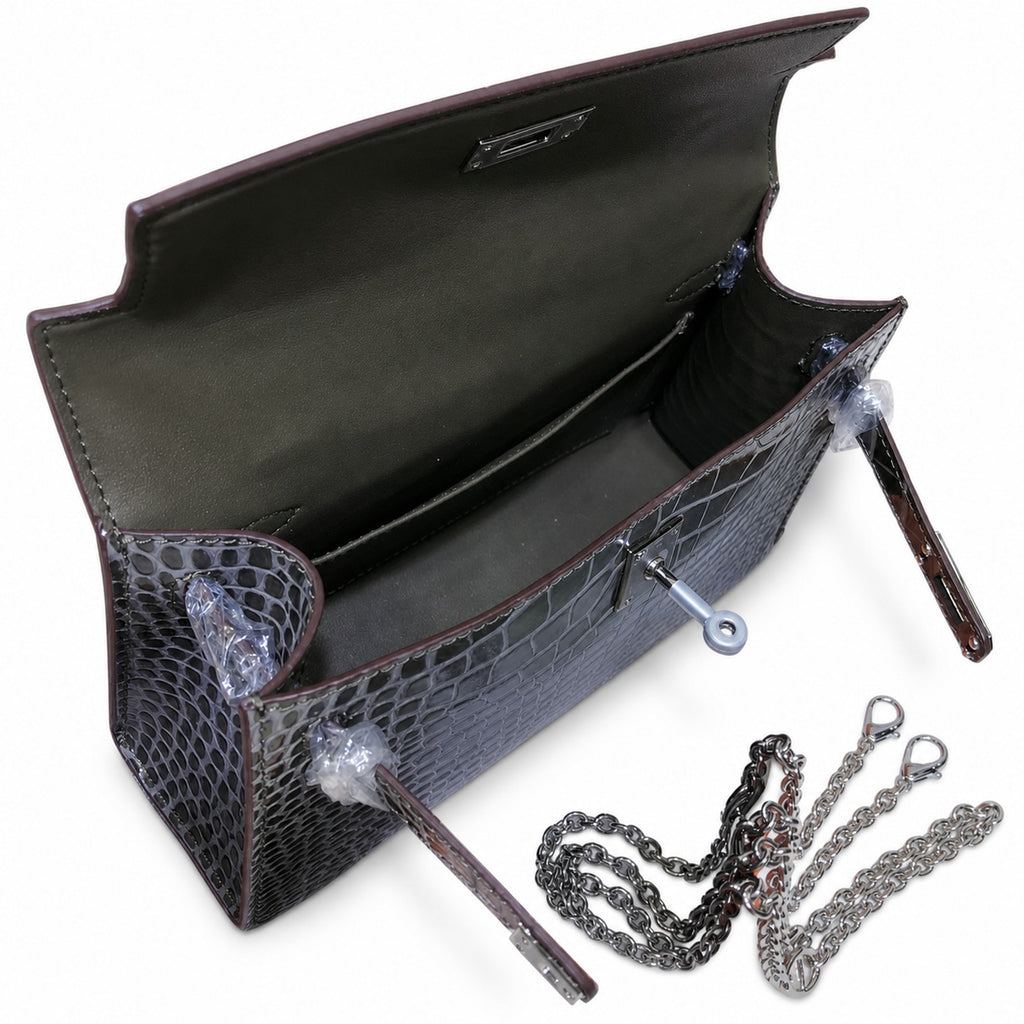 Kelly Pochette Gris Elephant Shiny Niloticus Crocodile Leather Palladium Hardware & Palladium Hardware Women Clutch Bag