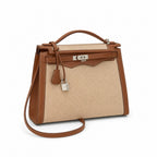 Kelly 25 Bag With Outside Stitching Constructed Of Patchwork Canvas & Premium Soft Swift Leather, Rich Warm Brown Tone Delivers Full-Bodied Vintage Luxury Texture Dimensions: Length 25 * Width 10 * Height 18cm