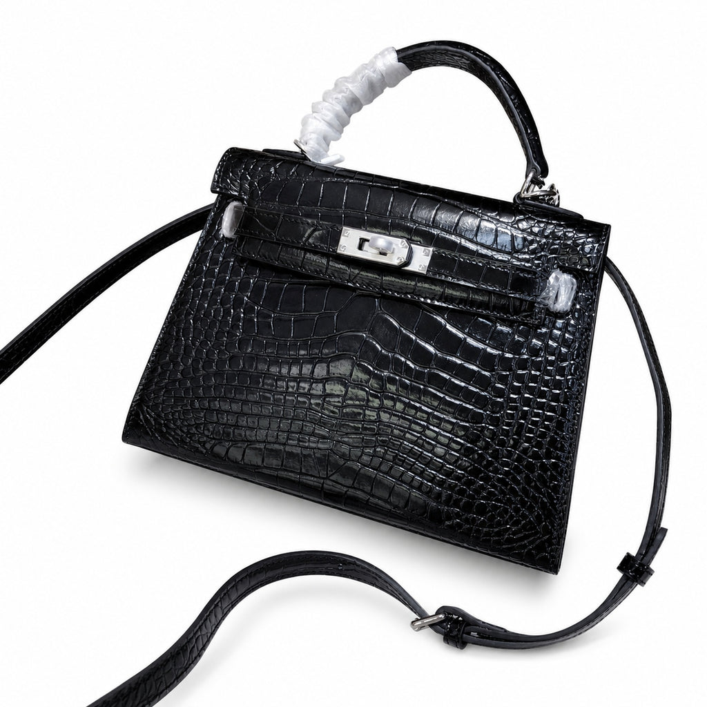 Kelly Sellier 22cm Noir Shiny Crocodile Leather Gold Hardware & Palladium Hardware Women Handbag