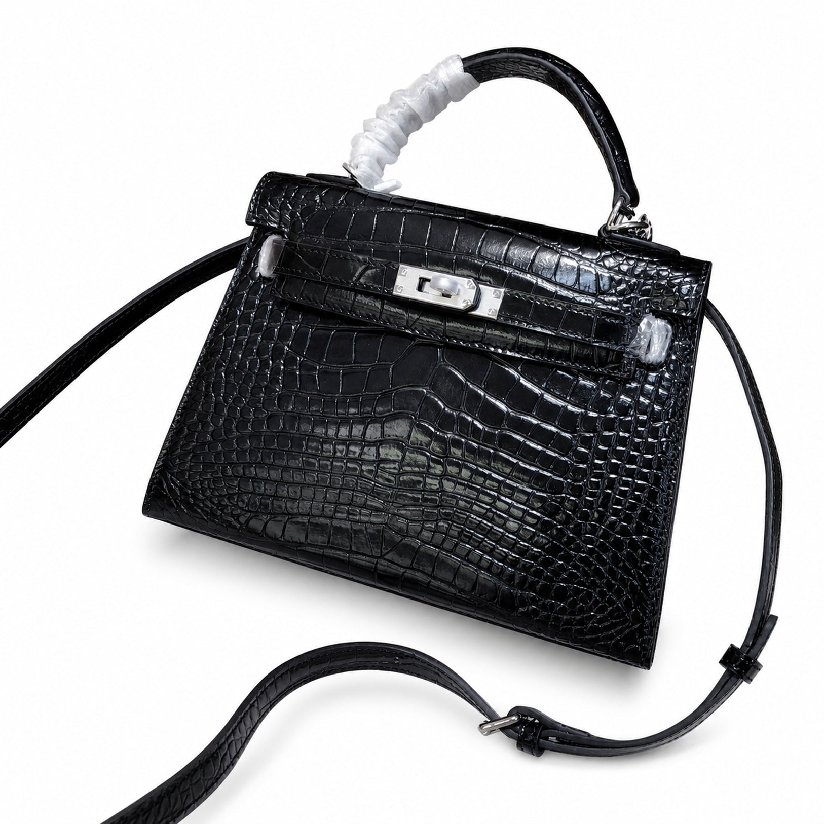 Kelly Sellier 22cm Noir Shiny Crocodile Leather Gold Hardware & Palladium Hardware Women Handbag