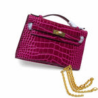 Kelly Pochette Fuchsia Shiny Niloticus Crocodile Leather Gold Hardware Women Clutch Bag