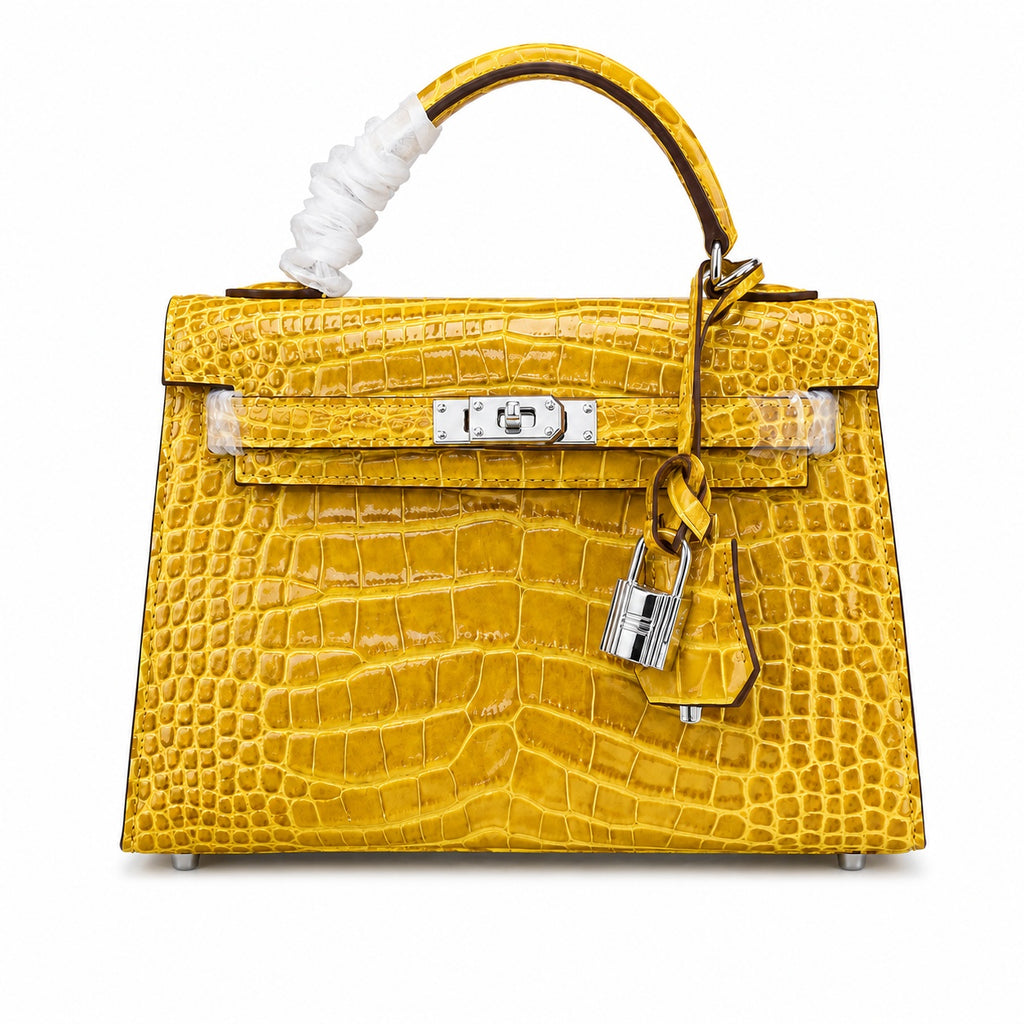 Kelly Sellier 22cm Jaune Ambre Shiny Crocodile Leather Gold Hardware & Palladium Hardware Women Handbag