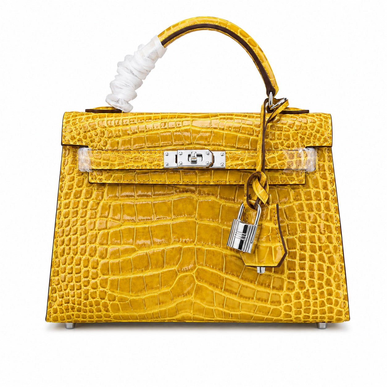Kelly Sellier 22cm Jaune Ambre Shiny Crocodile Leather Gold Hardware & Palladium Hardware Women Handbag