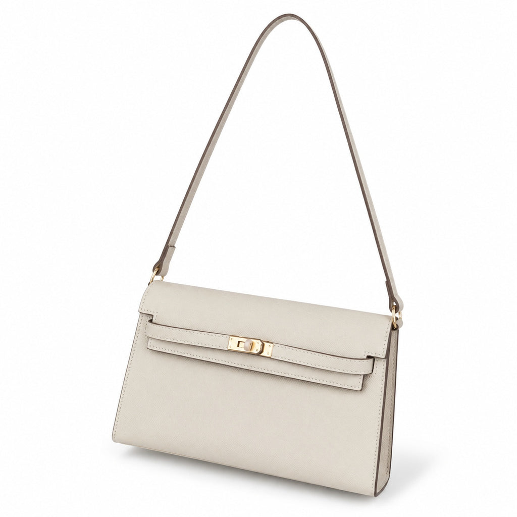 Kelly Elan 25 Underarm Baguette Bag, Genuine Top Layer Cowhide with Goat Grain, Gold Hardware Minimalist Off White Shoulder Handbag, Size 25×6.5×15cm Elegant Soft Tone Daily Purse for Women