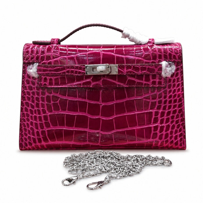 Kelly Pochette Fuchsia Shiny Niloticus Crocodile Leather Palladium Hardware Women Clutch Bag