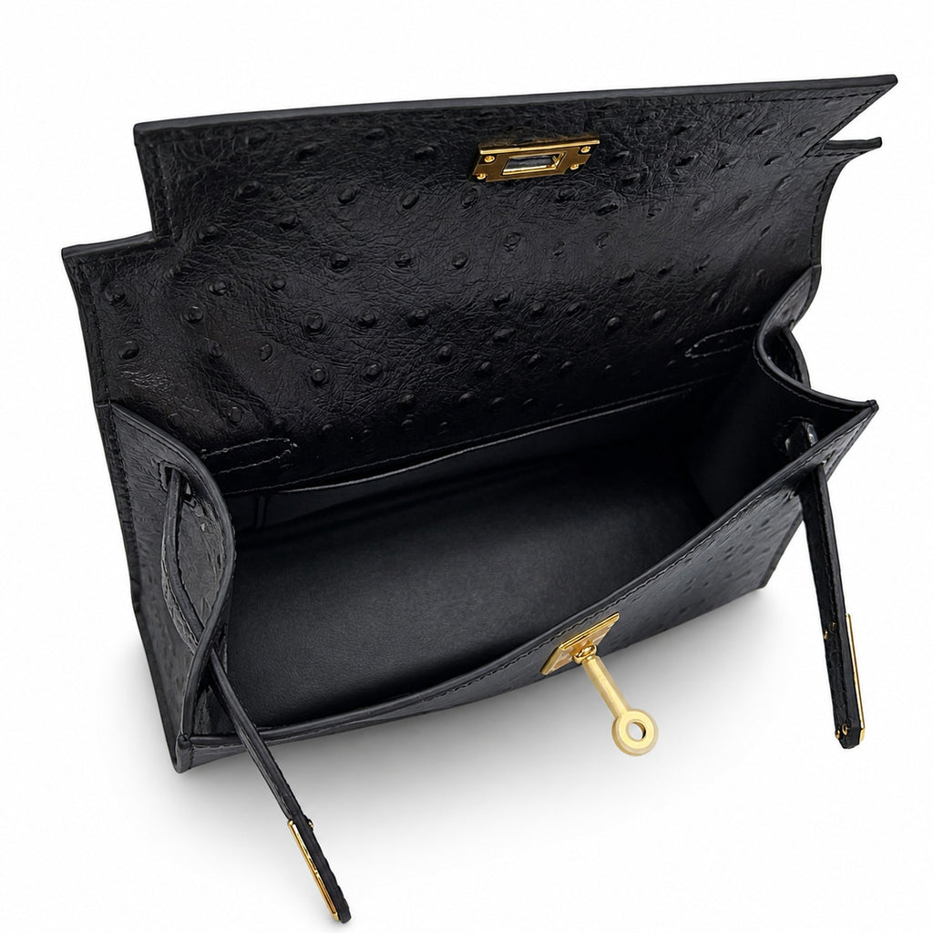 Mini Kelly Sellier 22cm Noir Ostrich Leather Gold Hardware Women Mini Handbag
