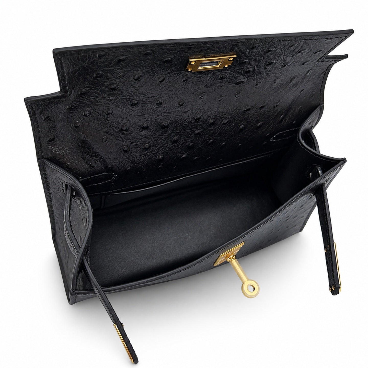 Mini Kelly Sellier 22cm Noir Ostrich Leather Gold Hardware Women Mini Handbag