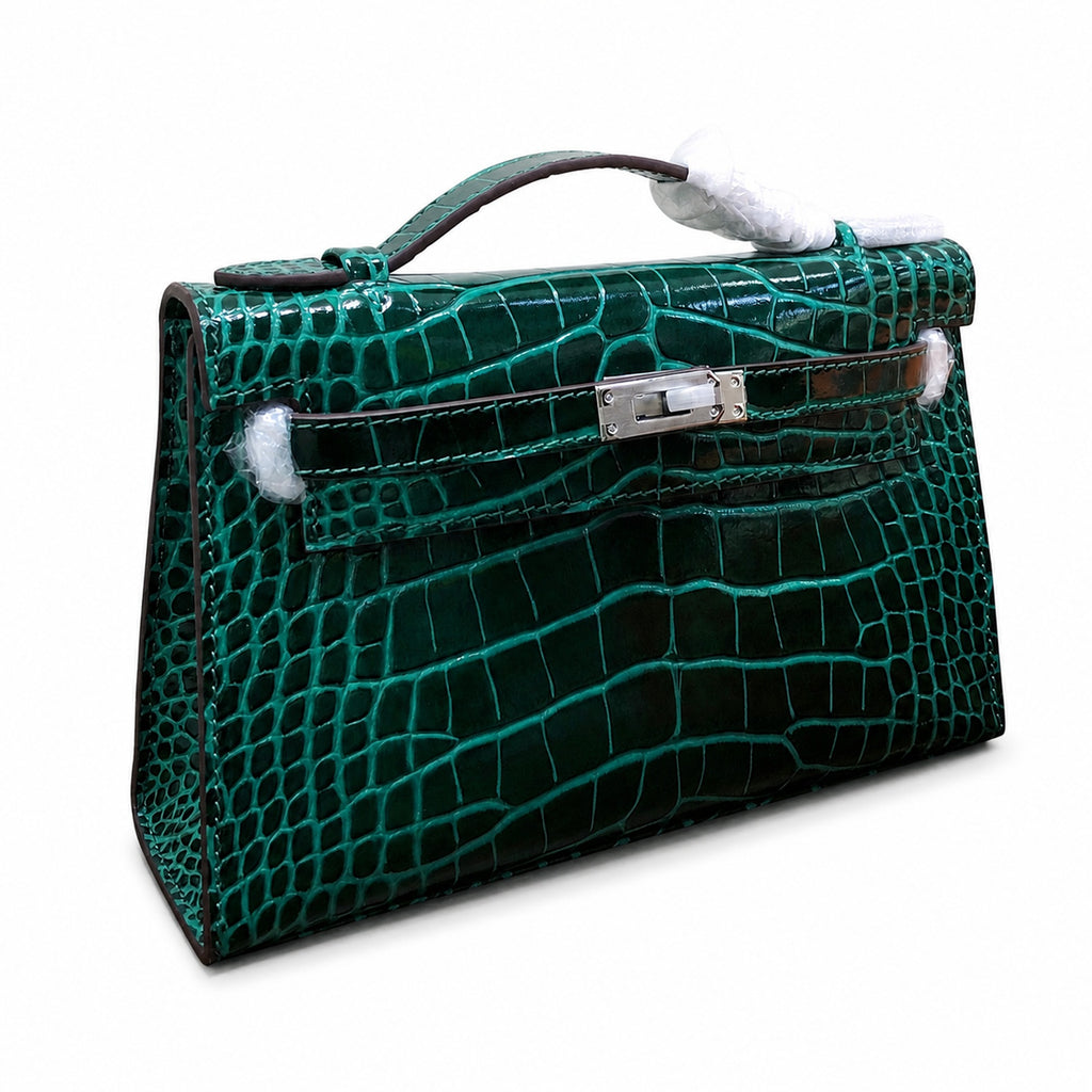 Kelly Pochette Vert Emeraude Shiny Niloticus Crocodile Leather Palladium Hardware Women Clutch Bag