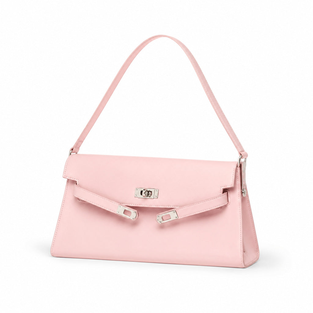 Kelly Elan 25 Underarm Baguette Bag, Genuine Top Layer Cowhide Goat Grain Leather, Silver Hardware Mauve Iris Purple Shoulder Handbag, Bright Soft Tone Youthful Elegant Daily Purse Size 25×6.5×15cm