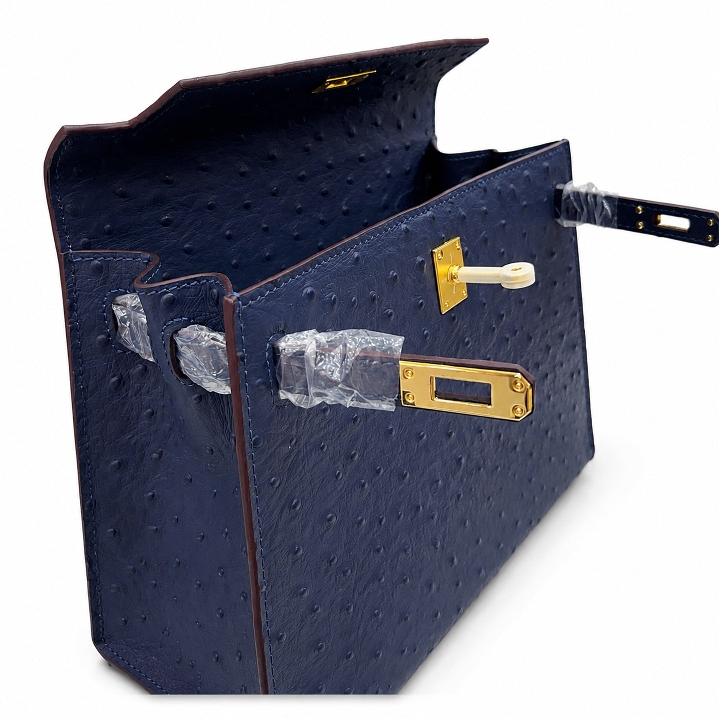 elly Sellier 25cm Bleu Nuit Ostrich Gold Hardware Luxury Commute Handbag