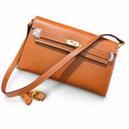 Kelly Elan 25 Top-Grain Leather Goat-Pattern Underarm Baguette Bag – Gold Buckle, Coffee Brown, 25×6.5×15cm